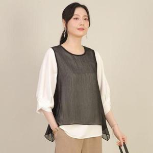 [애비뉴투지]엄마옷 주름 쉬폰 시스루 여성 라운드 여름 가오리 숏 조끼 V05501