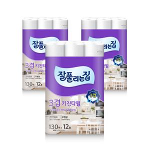 [잘풀리는집] 데질엠보싱 3겹 키친타올 세트 (12개롤 X 3팩, 총 36롤)