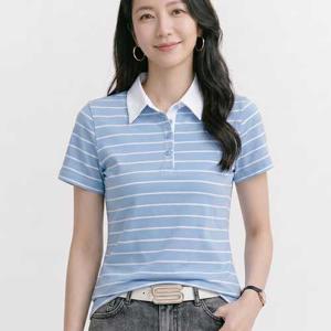 NT3362 여성 캐주얼 단가라 버튼 카라 반팔 티셔츠