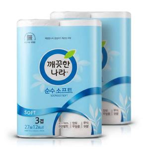 깨끗한나라 3겹 데코 순수 소프트 화장지 27m 12롤 2팩