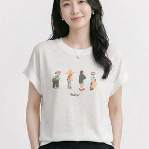 NT3295 여성 데일리 프린팅 포인트 라운드넥 캡소매 티셔츠
