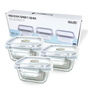 뉴오븐글라스 3종세트(정사각 320mlx3p)/오븐용기/밀폐용기/유리/반찬통
