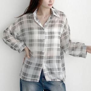 [옷자락]여자 살안타 시스루 언발 힙커버 여름 루즈핏 체크 셔츠