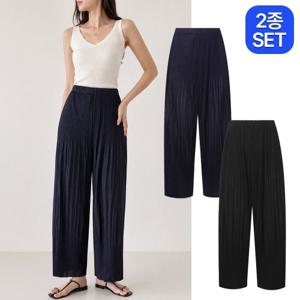 [2장세트] 여성 소프트 드레이프 플리츠 와이드 밴딩 팬츠 B26P208