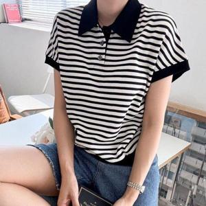 [옷자락]여자 여름 배색 단가라 카라반팔티 줄무늬 티셔츠