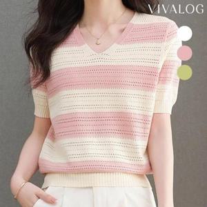 [비바로그][비바로그] 페리 브이넥 펀칭 반팔 니트