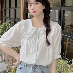 [옷자락] 여자 프릴 라운드 카라 퍼프 밴딩 소매 반팔 블라우스