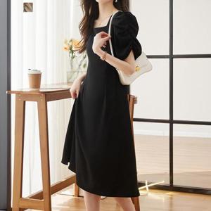 [퀸이즈] [~77까지]루체 셔링 퍼프 소매 스트링 롱 원피스