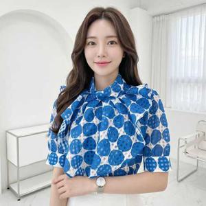 풍성한 프릴넥 도트 블라우스 여성스러운 반팔 땡땡이 브라우스
