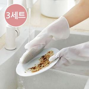 일체형 실리콘 수세미 고무장갑 3세트 /설겆이 청소 다용도 고무장갑