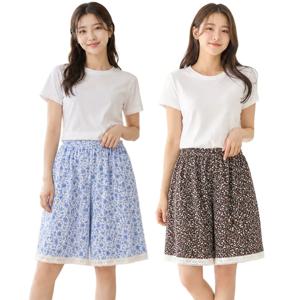 1+1 2종세트 여성 플라워 인조인견 5부 반바지 여름 빅사이즈 레이스 홈웨어 파자마
