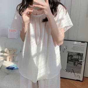 엔젤코튼 화이트 엠보 도트 여성 여름 잠옷 파자마 상하의 세트