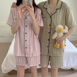 반팔 세트 커플 블랭킷 스티치 스트라이프 여름 파자마 2color