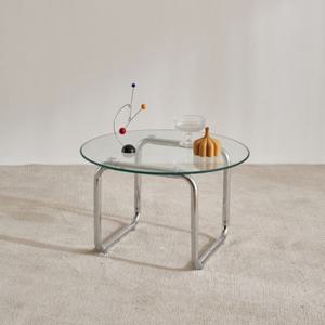 라운드 스틸 곡선미 강화유리 미니 협탁 티테이블(60cm) 2인용 디자인 카페