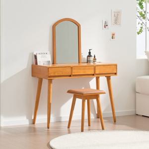 프랑스 공주풍 오렌지색 원목 거울 화장대+스툴 세트(100cm) 원룸 중학생