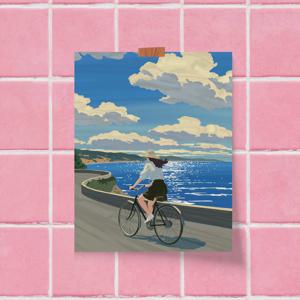 자전거 시원한 바다 일러스트 감성 그림 인테리어 포스터 A3