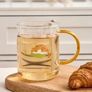 L 우리집뚱냥이 내열 손잡이 유리잔 옐로 400ml