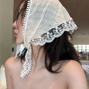 3색 레이스 커치프 헤어 스카프 삼각 두건 망사 시스루 스카프 반다나 보넷 머리띠 웨딩촬영