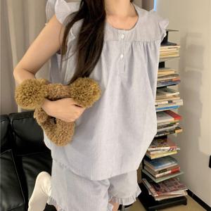 민소매 에어블루 잔스트라이프 프릴잠옷세트 홈웨어 파자마