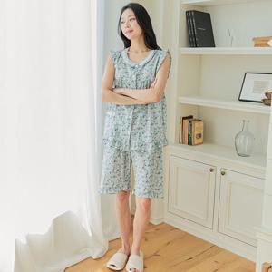 국산 순면 60수 아사 여성 엣지플라워 민트 나시상하세트 잠옷 파자마 홈웨어