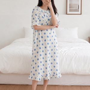 여성 시어서커 플라워 반팔 원피스 잠옷 여름 프릴 홈웨어 롱 파자마 프리사이즈