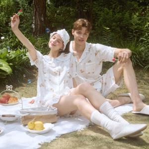 커플 꼼므베어 코튼혼방 반소매 세일러카라 투피스 잠옷
