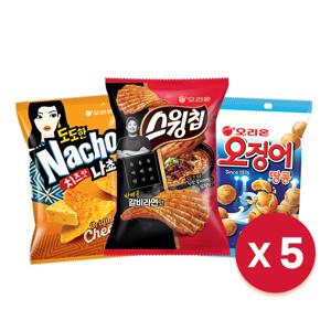 오징어땅콩 84g 5개 스윙칩 바베큐갈비라면 50g 5개 + 도도한나쵸 치즈 50g 5개
