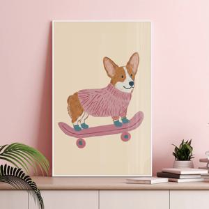슝슝 보드타는 웰시코기 귀여운 강아지 그림 일러스트 포스터