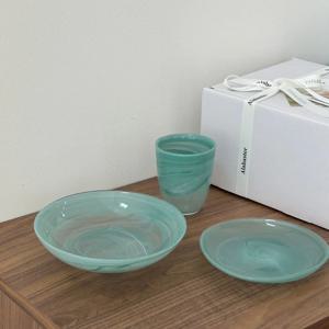 선물포장 샐러드 디쉬20cm+트라이앵글접시+컵300ml 아쿠아마린