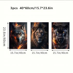 TEMU 2D 플랫, 2D 플랫, 3개 불꽃 배경 동물 초상화 삼부작, 강력한 늑대, 사자, 호랑이 포스터 인쇄, 가정, 사무실, 거실, 침실 장식에 적합
