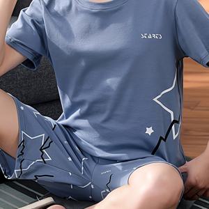 TEMU 2개 세트 남성용 캐주얼 여름 반바지 세트, 블루 반팔 풀오버 파자마 상의 별 프린트, 편안하고 루즈핏 오버사이즈 트렌디 스타일 실내외 착용