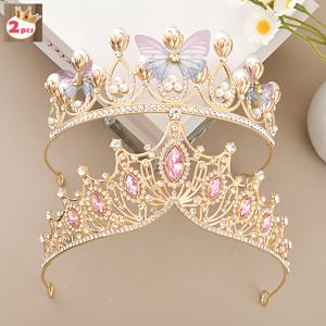 TEMU 1/2개 공주풍 우아한 모조 진주 수제 나비 파스텔 라인스톤 왕관 머리띠, 공연 캐트워크 생일 파티 축제 왕관 헤어 장식 선물
