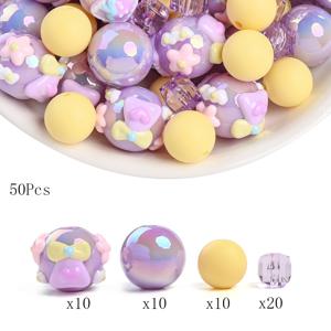 TEMU 50개 소프트 퍼플 아크릴 원형 비즈, 중앙 구멍이 있는 다양한 모양 조합, 주얼리, 목걸이 및 팔찌 수공예 제작에 사용, 밝은 라벤더 및 릴라색, 수공예에 적합