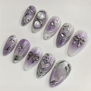 TEMU 24개 미디엄 아몬드 모양 인조 손톱 퍼플 그라데이션 네일 3D 입체 장식 하트 라인스톤 장식 및 리본 매듭 장식 및 은색 질감 디자인 스타일 풀 커버 여성 데일리 웨어 인조 네일 아트 가을 겨울