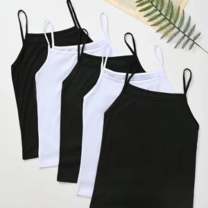 TEMU 5개입 기본 얇은 스트랩 스퀘어 넥 멜빵, 피부 친화적, 통기성, 높은 탄성 및 조임 없음, 슬림하고 라인 개선, 블랙 및 화이트 색상, 인너웨어 및 아우터 웨어에 적합, 통근, 가정 및 일상복 착용에 편안함