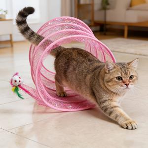 TEMU 인터랙티브 고양이 터널, 고양이를 위해 특별히 설계된 재미있는 놀이 터널, 탐험하는 본능을 충족시키는 시뮬레이션 나일론 깃털과 방울 포함, 실내 고양이와 새끼 고양이를 위한 애완동물 활동 자극제. 바닥 환경에 적합, 실내 공간에 간편하게 배치 가능, 내구성 있는 폴리에스터 혼방 소재