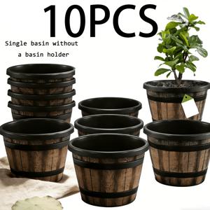 TEMU 10개 빈티지 휘스키 통 플랜터 세트, 8인치 내구성 플라스틱 화분 (배수 구멍 포함) | 실내/실외 정원 장식, 안뜰, 현관 정원 가꾸기 선물 및 홈 데코에 적합