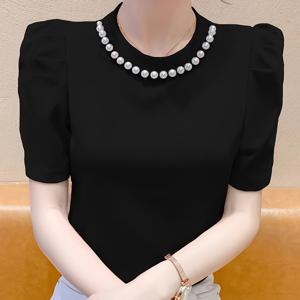 TEMU 2025 여름 컬렉션 트렌디 버블 반팔 여성 티셔츠, 비즈 라운드넥의 독특한 디자인, 슬림핏으로 매끄러운 외모 연출