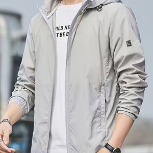 TEMU 남성용 캐주얼 후드 트렌치 코트 재킷 (지퍼 포켓 포함) - 가볍고 긴소매, 스포티 스타일, 야외 활동에 적합, 캐주얼 운동복 | 지퍼업 후드 재킷 | 조절 가능한 후드