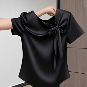 TEMU 여성용 새틴 반팔 상의, 라이트 럭셔리 디자인, 리본 장식, 단색, 허리 슬림핏, 활용도 높은