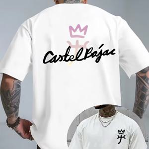TEMU 남성용 반팔 티셔츠, 보라색 왕관과 Castel Bajac 레터링 양면 프린트 | 편안하고 피부 친화적, 땀 흡수, 캐주얼 스타일, 크루넥, 여름 야외 활동에 적합