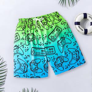 TEMU 10대 및 수영 해변 반바지; 멋진 게임 콘솔 패턴; 그라데이션 컬러 드로스트링 반바지, 10대용, 10대용