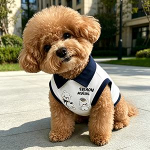 TEMU 테디 강아지 폴로 셔츠, 통기성 좋은 여름 조끼 (소형견/중형견용), 귀여운 만화 프린트 애완 동물 옷 (비숑 프리제/포메라니안/고양이), 털 빠짐 방지 캐주얼 의상