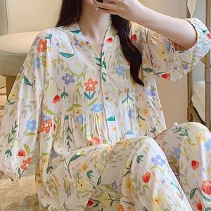 TEMU 여성용 플로럴 파자마, 삼분의 일 소매 발목 바지, 가볍고 시원한 여름용 에어컨 웨어, 봄/가을 카디건 세트