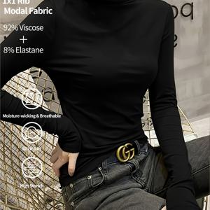 TEMU 가을/겨울 스타일, 단색 클래식 모달 원단 넥라인 긴팔 여성용 티셔츠 베이스 레이어, 편안한 원단, 긴팔 디자인, 단색 가을/겨울 긴팔 티셔츠, 원단, 우아한 스타일 디자인, 신학기 시즌에 적합, 아웃도어 캐주얼웨어, 통기성 및 신축성, 우아한 캐주얼 스타일