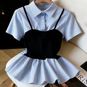 TEMU 여성 캐주얼 반팔 상의, 트렌디한 디자인, 블랙 대비 컬러 멜빵 조끼 스타일, 블루 앤 화이트 , 허리, 섹시하고 슬림핏, 및 데이트룩으로 적합, 여름철 활용도 높은 투피스 스타일