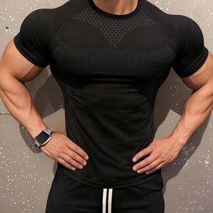 TEMU 남성용 고탄력 속건성 피트니스 티셔츠, 통기성 압박 원단 및 스포츠 훈련용 뱀 머리 벌집 프린트|짐웨어