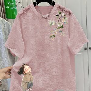 TEMU 여성용 레이스 프린트 라운드넥 티셔츠 & 루즈한 반팔 & 여름용 통기성 좋은 다용도 탑