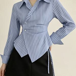 TEMU 여성용 사계절 셔츠, 스퀘어 숄더, 슬림핏 허리, 핏티드 핏, 크리스크로스 넥라인, 타이 웨이스트, 플리츠 라佩爾, 긴소매, 일상복, 대학생, 사무실, 데이트, 집, 캐주얼, 엘레강스 웨어용