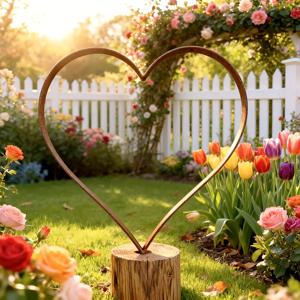 TEMU [2D Flat] Vintage Wrought Iron Openwork Heart Garden Stake, Courtyard Outdoor Decorative Ornament, Handmade Distressed Style Sne Arrangement Decoration